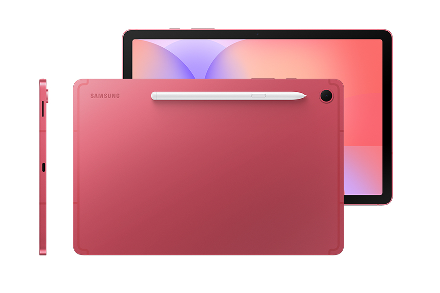 Galaxy Tab S10 Lite em vermelho exibido horizontalmente com uma S Pen presa magneticamente na parte superior, destacando a facilidade de armazenamento da caneta. Atrás dele, outro Galaxy Tab S10 Lite na cor vermelho mostra uma tela vibrante com papel de parede colorido, enfatizando a tela grande para uma visualização imersiva. Uma vista lateral mostra o design elegante de 6,6 mm de espessura que o diferencia como um tablet moderno e elegante.